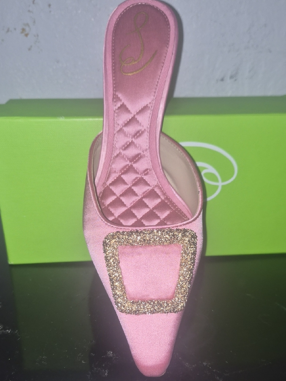 Pink Satin Pointed Mule with Gold Glitter Buckle - Womens